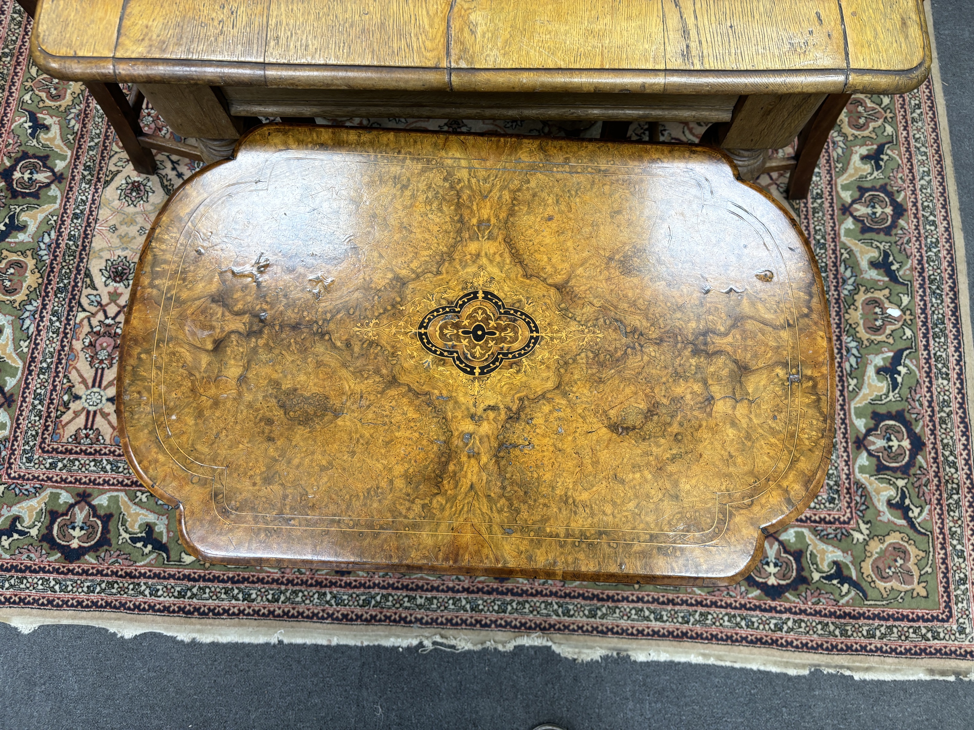 A Victorian inlaid burr walnut games / work table, width 70cm, depth 46cm, height 69cm